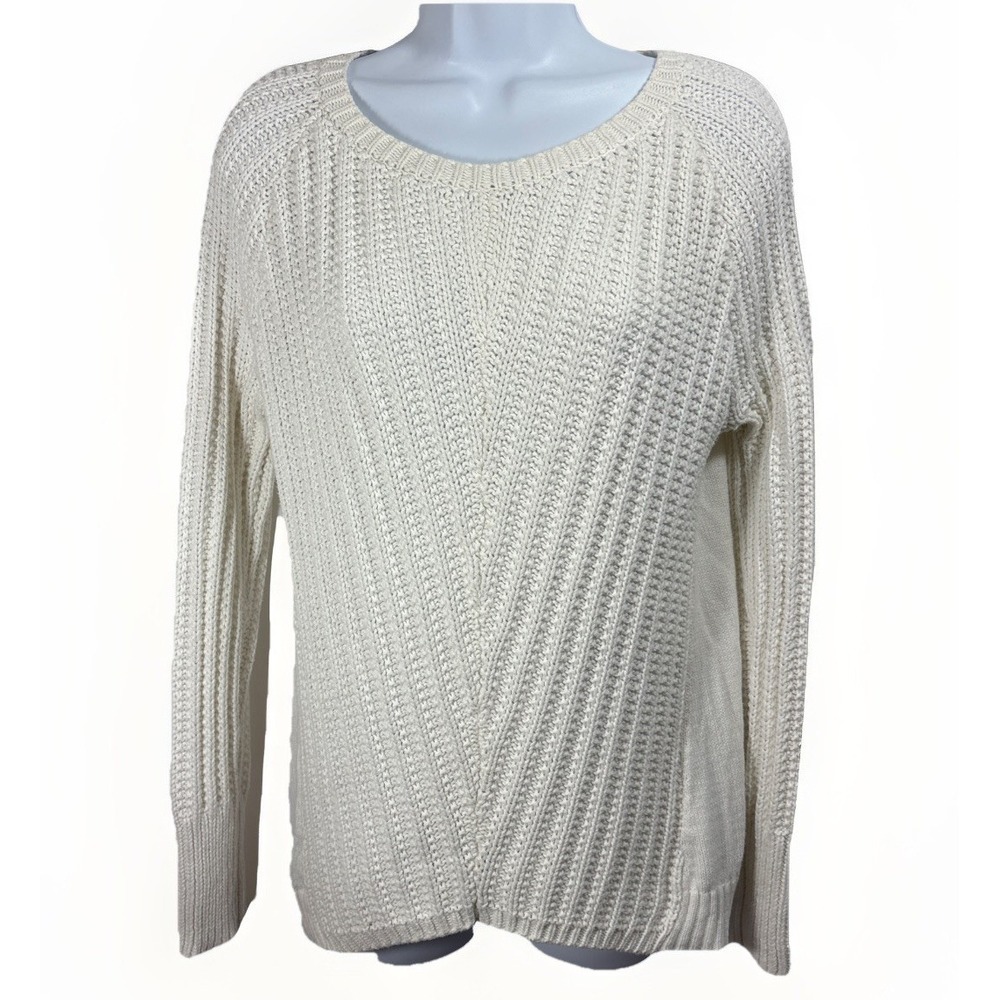 Ruby Moon White Cable Knit Cotton Sweater Sz L Exposed 1/4 Zip Back